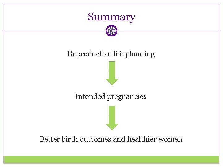 Summary Reproductive life planning Intended pregnancies Better birth outcomes and healthier women 