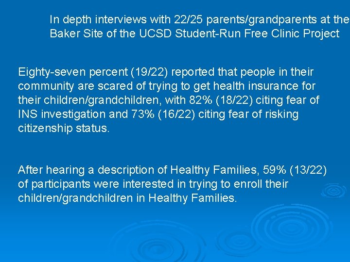In depth interviews with 22/25 parents/grandparents at the Baker Site of the UCSD Student-Run