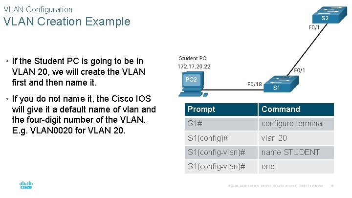 VLAN Configuration VLAN Creation Example • If the Student PC is going to be