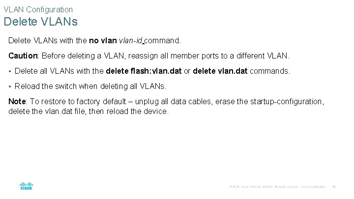 VLAN Configuration Delete VLANs with the no vlan-id command. Caution: Before deleting a VLAN,