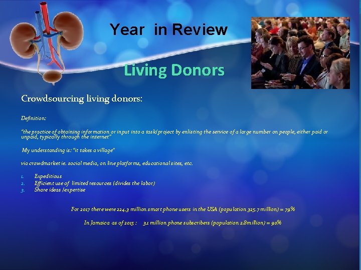 Year in Review Living Donors Crowdsourcing living donors: Definition: “the practice of obtaining information