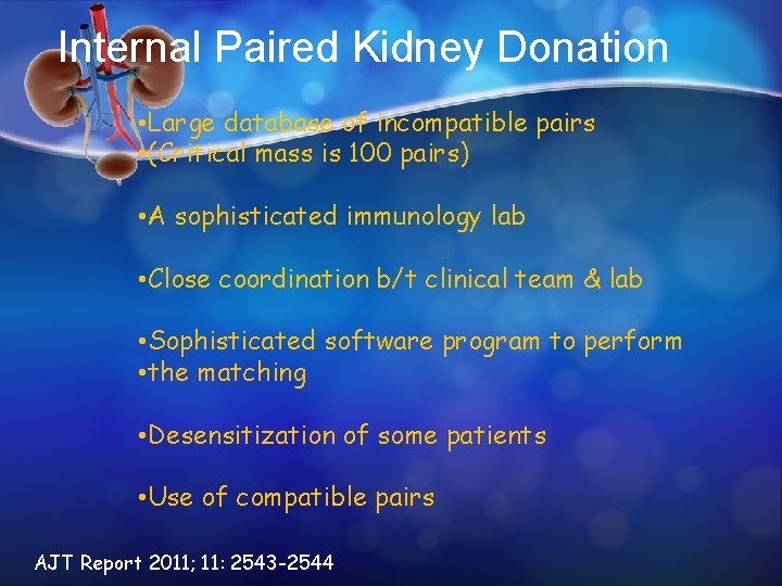 Internal Paired Kidney Donation • Large database of incompatible pairs • (Critical mass is