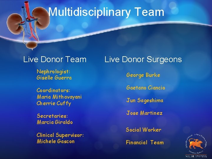 Multidisciplinary Team Live Donor Surgeons Nephrologist: Giselle Guerra George Burke Coordinators: Maria Mithavayani Cherrie