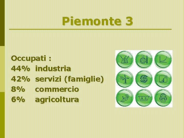 Piemonte 3 Occupati : 44% industria 42% servizi (famiglie) 8% commercio 6% agricoltura 