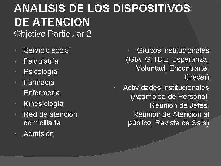 ANALISIS DE LOS DISPOSITIVOS DE ATENCION Objetivo Particular 2 Servicio social Psiquiatría Psicología Farmacia