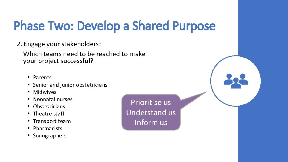 Phase Two: Develop a Shared Purpose 2. Engage your stakeholders: Which teams need to