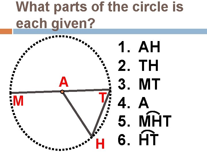 What parts of the circle is each given? A M 1. 2. 3. T