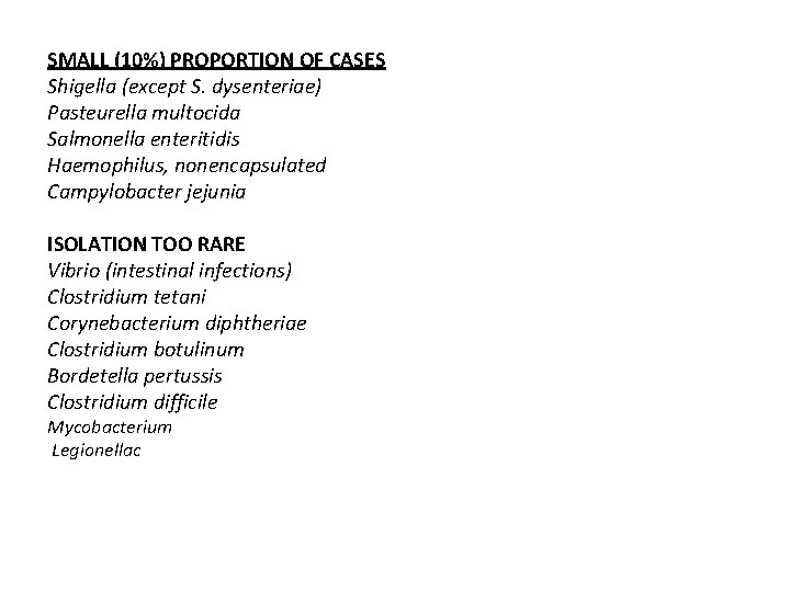 SMALL (10%) PROPORTION OF CASES Shigella (except S. dysenteriae) Pasteurella multocida Salmonella enteritidis Haemophilus,