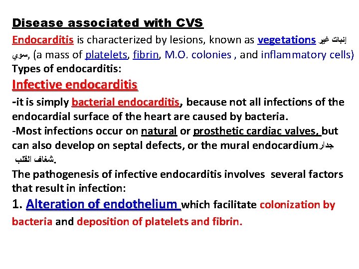 Disease associated with CVS Endocarditis is characterized by lesions, known as vegetations ﺇﻧﺒﺎﺕ ﻏﻴﺮ