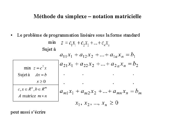 Méthode du simplexe – notation matricielle • Le problème de programmation linéaire sous la Méthode du simplexe – notation matricielle • Le problème de programmation linéaire sous la