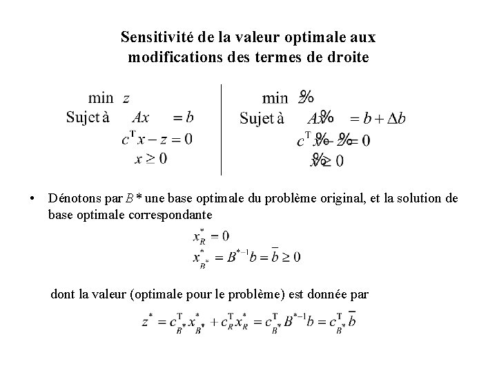 Sensitivité de la valeur optimale aux modifications des termes de droite • Dénotons par Sensitivité de la valeur optimale aux modifications des termes de droite • Dénotons par