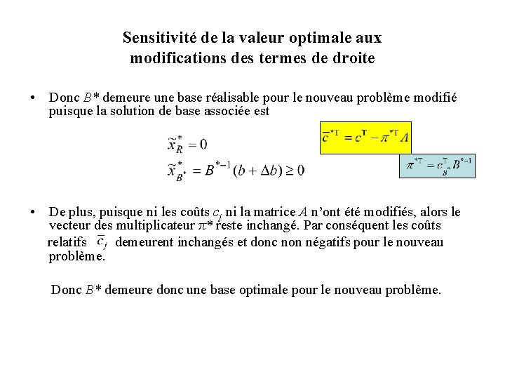 Sensitivité de la valeur optimale aux modifications des termes de droite • Donc B* Sensitivité de la valeur optimale aux modifications des termes de droite • Donc B*