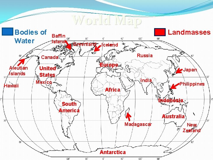 Bodies of Water World Map Baffin Island Greenland Iceland Russia Canada Aleutian Islands Hawaii