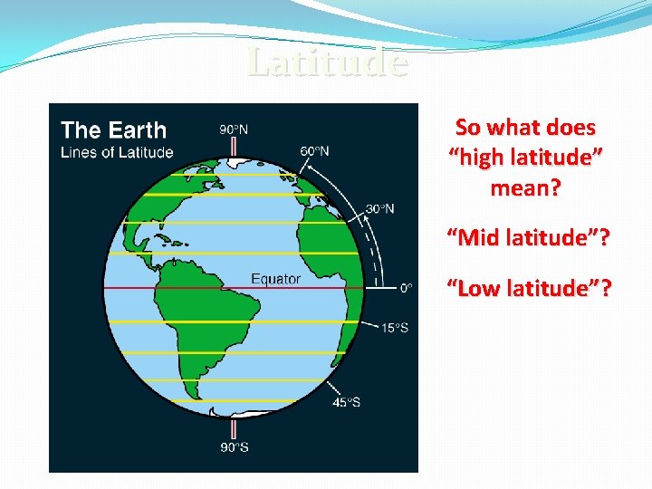 Latitude So what does “high latitude” mean? “Mid latitude”? “Low latitude”? 