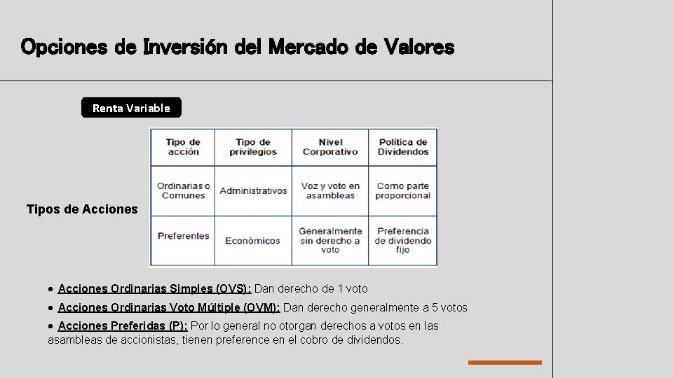 Opciones de Inversión del Mercado de Valores Renta Variable Tipos de Acciones • Acciones