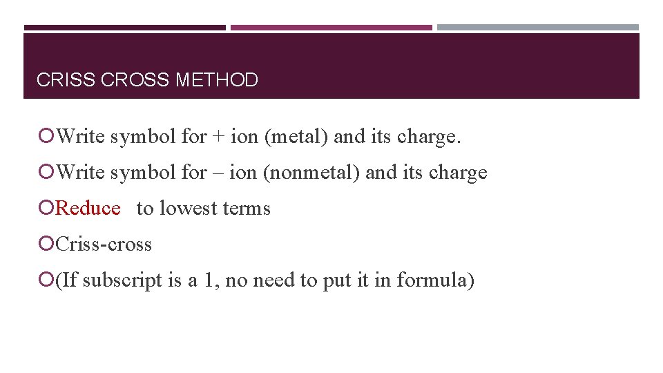 CRISS CROSS METHOD Write symbol for + ion (metal) and its charge. Write symbol