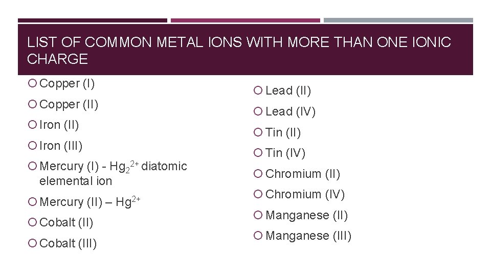 LIST OF COMMON METAL IONS WITH MORE THAN ONE IONIC CHARGE Copper (I) Copper