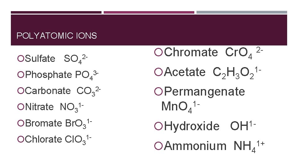 POLYATOMIC IONS Chromate Cr. O 4 2 - Sulfate SO 42 Phosphate PO 4