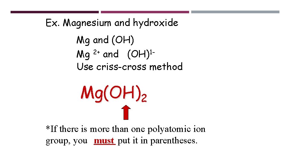 Ex. Magnesium and hydroxide Mg and (OH) Mg 2+ and (OH)1 Use criss-cross method