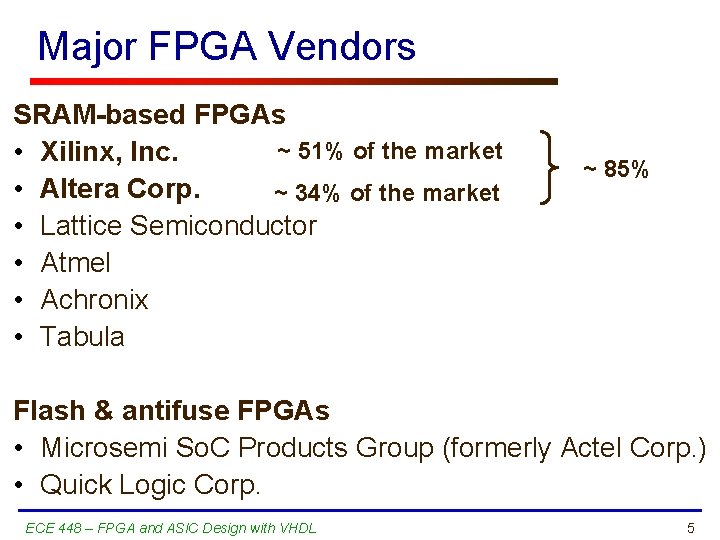 Major FPGA Vendors SRAM-based FPGAs ~ 51% of the market • Xilinx, Inc. •