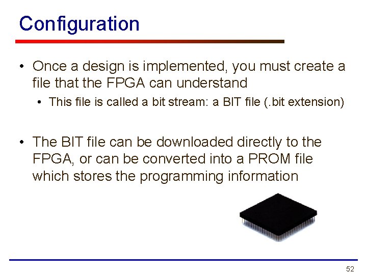 Configuration • Once a design is implemented, you must create a file that the