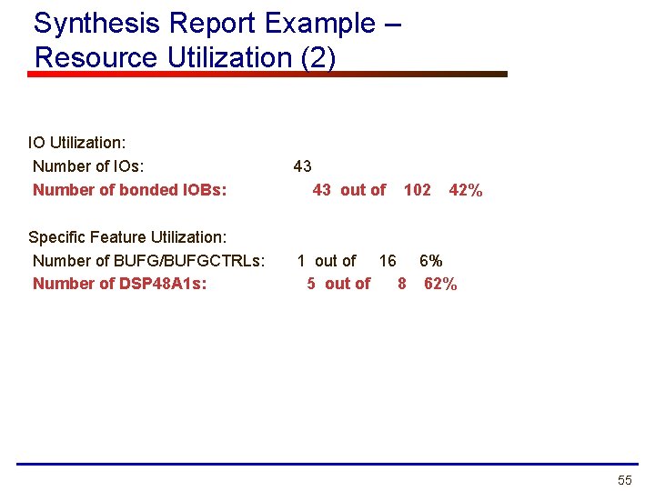 Synthesis Report Example – Resource Utilization (2) IO Utilization: Number of IOs: Number of
