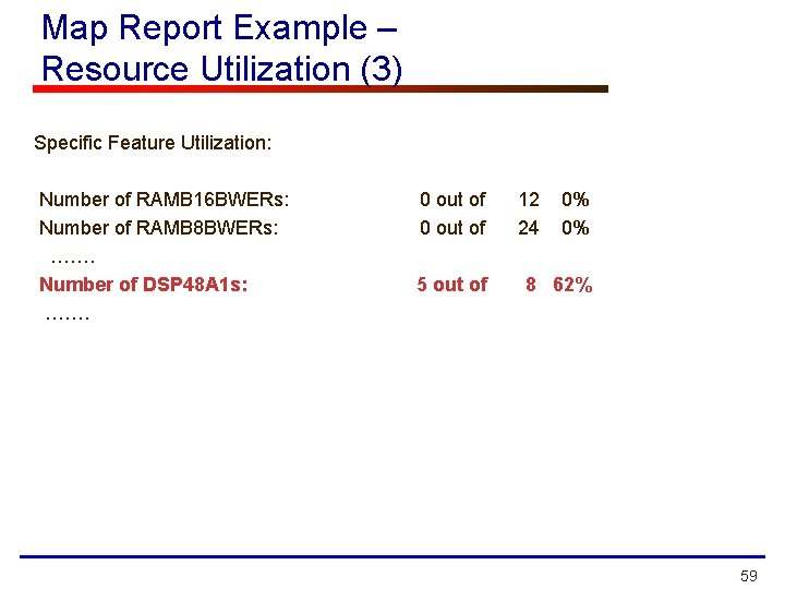 Map Report Example – Resource Utilization (3) Specific Feature Utilization: Number of RAMB 16