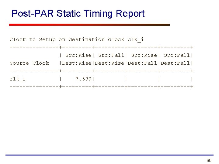 Post-PAR Static Timing Report Clock to Setup on destination clock clk_i --------+---------+---------+ | Src:
