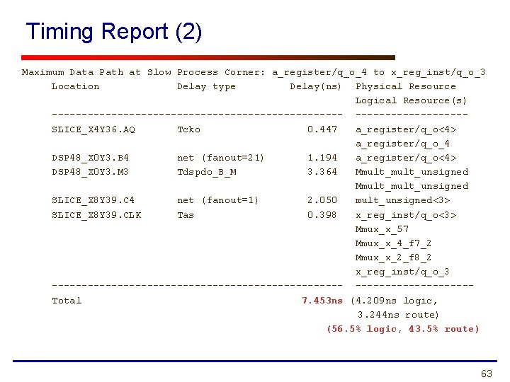 Timing Report (2) Maximum Data Path at Slow Process Corner: a_register/q_o_4 to x_reg_inst/q_o_3 Location