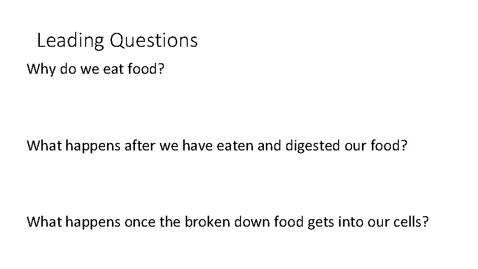 Leading Questions Why do we eat food? What happens after we have eaten and