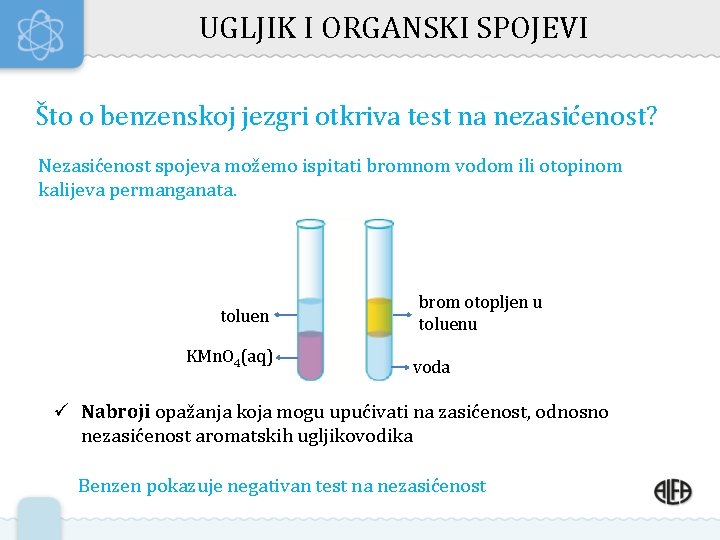 UGLJIK I ORGANSKI SPOJEVI Što o benzenskoj jezgri otkriva test na nezasićenost? Nezasićenost spojeva