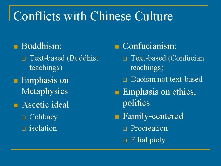 Conflicts with Chinese Culture n Buddhism: q n n Text-based (Buddhist teachings) Emphasis on