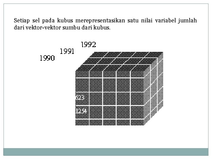 Setiap sel pada kubus merepresentasikan satu nilai variabel jumlah dari vektor-vektor sumbu dari kubus.
