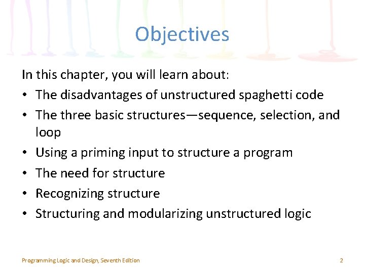 Objectives In this chapter, you will learn about: • The disadvantages of unstructured spaghetti