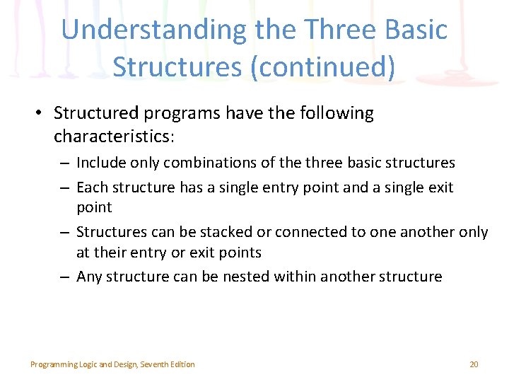 Understanding the Three Basic Structures (continued) • Structured programs have the following characteristics: –