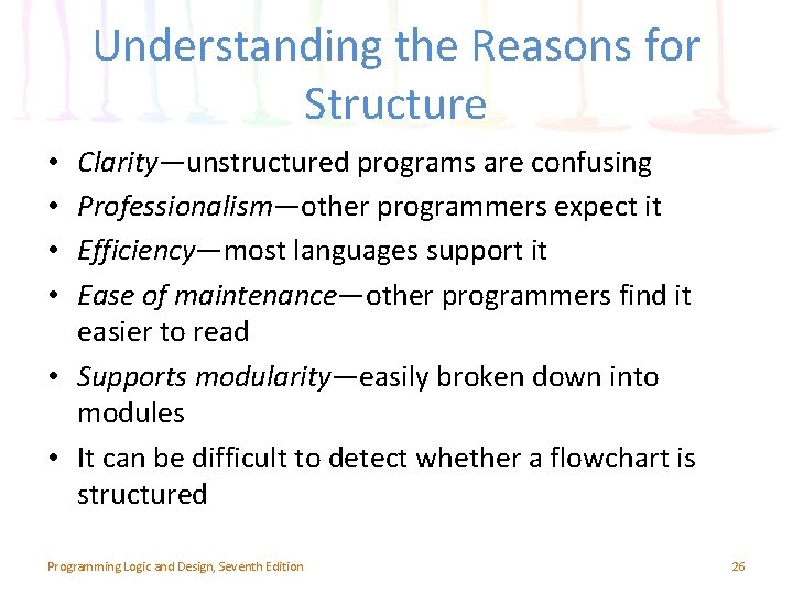 Understanding the Reasons for Structure Clarity—unstructured programs are confusing Professionalism—other programmers expect it Efficiency—most