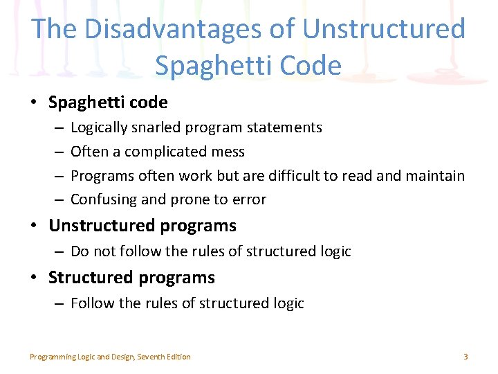 The Disadvantages of Unstructured Spaghetti Code • Spaghetti code – – Logically snarled program