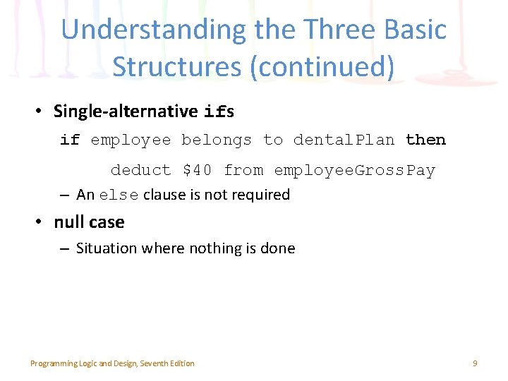 Understanding the Three Basic Structures (continued) • Single-alternative ifs if employee belongs to dental.