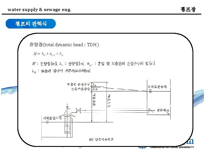 water supply & sewage eng. 펌프의 관력식 전양정(total dynamic head : TDH) 펌프장 