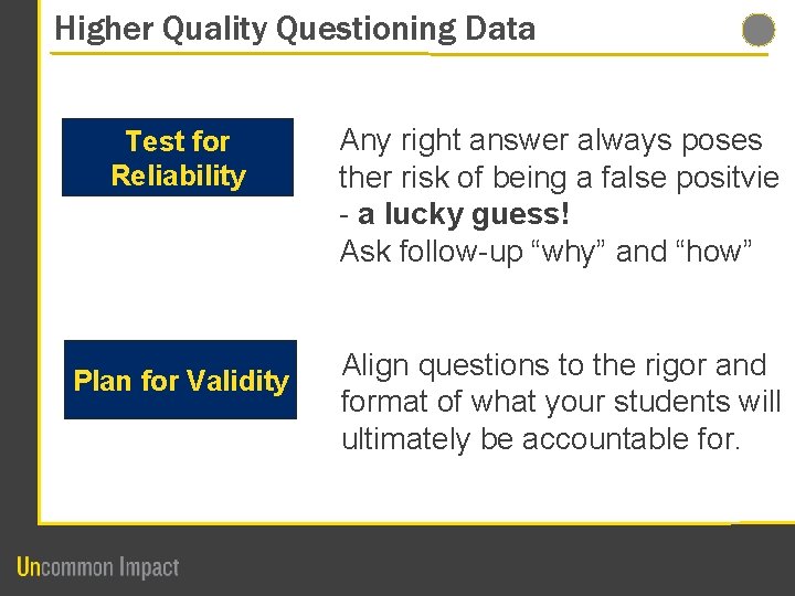 Higher Quality Questioning Data Test for Reliability Plan for Validity Any right answer always