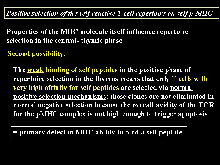 Positive selection of the self reactive T cell repertoire on self p-MHC Properties of