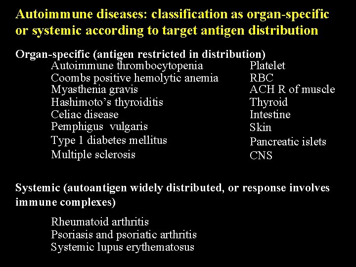 Autoimmune diseases: classification as organ-specific or systemic according to target antigen distribution Organ-specific (antigen