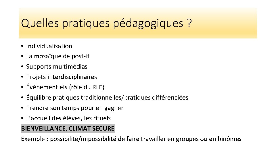 Quelles pratiques pédagogiques ? • Individualisation • La mosaïque de post-it • Supports multimédias