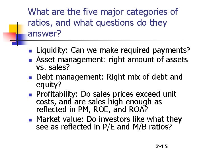 What are the five major categories of ratios, and what questions do they answer?