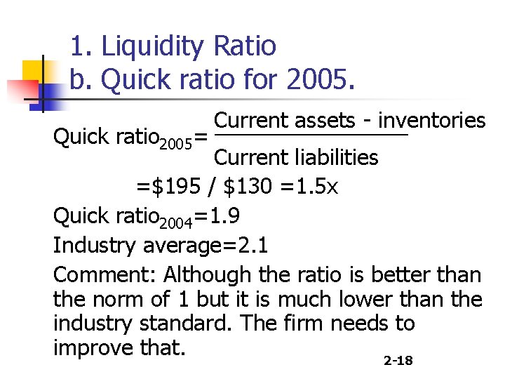 1. Liquidity Ratio b. Quick ratio for 2005. Quick ratio 2005= Current assets -