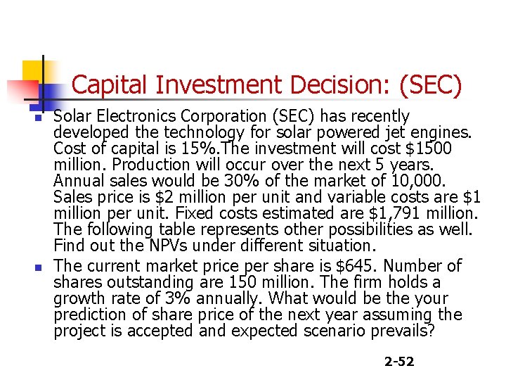 Capital Investment Decision: (SEC) n n Solar Electronics Corporation (SEC) has recently developed the