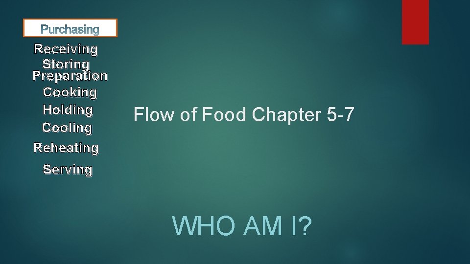 Receiving Storing Preparation Cooking Holding Cooling Reheating Flow of Food Chapter 5 -7 Serving