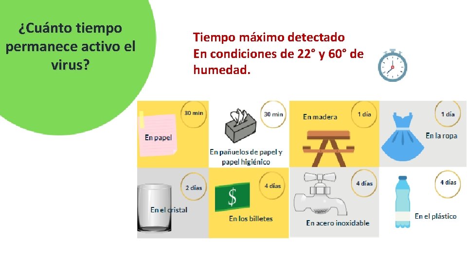 ¿Cuánto tiempo permanece activo el virus? Tiempo máximo detectado En condiciones de 22° y