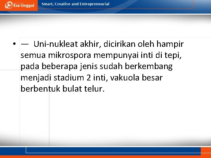  • — Uni-nukleat akhir, dicirikan oleh hampir semua mikrospora mempunyai inti di tepi,