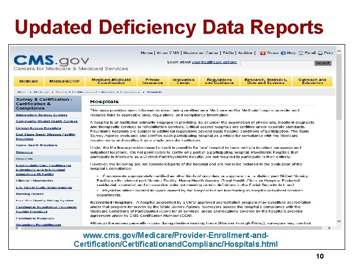 Updated Deficiency Data Reports www. cms. gov/Medicare/Provider-Enrollment-and. Certification/Certificationand. Complianc/Hospitals. html 10 